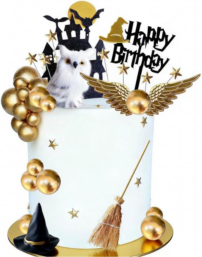 26 PCS Wizard Birthday Party Cake Decorations Set, Happy Birthday Acrylic Cake Topper with Magic Hat, Broom, Castle, Wings, Stars, Balls