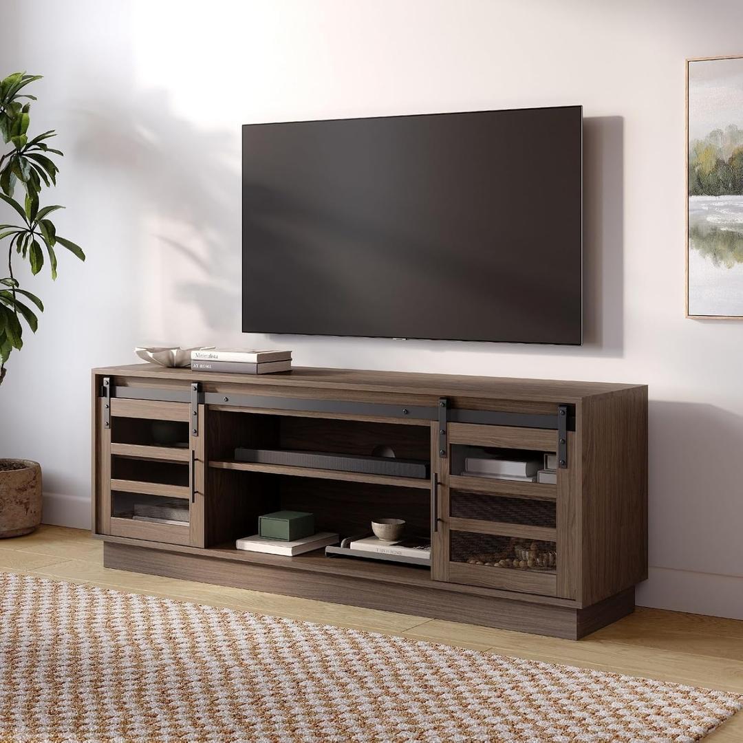 Modern Farmhouse TV Stand & TV Console - 58" W, Driftwood - Sliding Glass Barn Doors & Adjustable Shelves - Living Room Storage Cabinet & Cable Management - Entertainment Center for 32-65" TVs