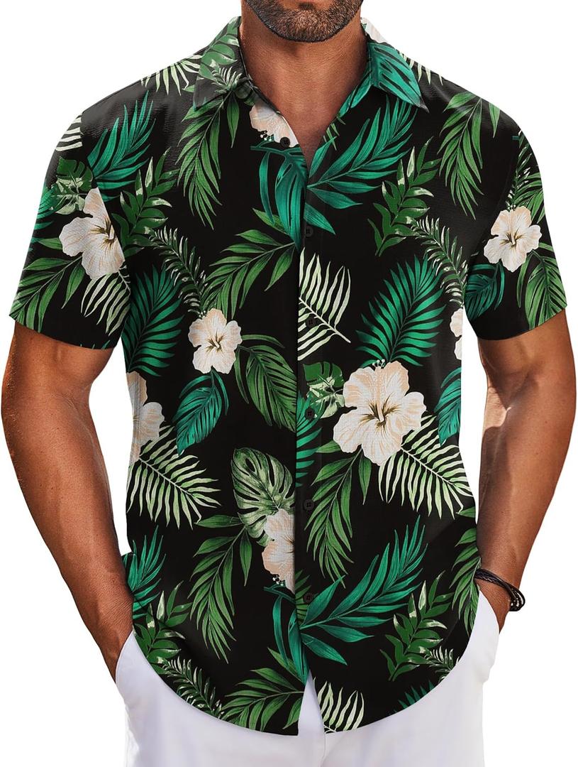 COOFANDY Mens Button Down Shirts Short Sleeve Casual Shirt Summer Beach Wedding Shirts (Medium, Black - Floral)
