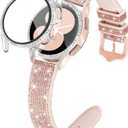 Bling Silicone Band Compatible with Samsung Galaxy Watch 4 & 5 Band-40mm with Screen Protector Case, 20mm Quick Release Women Glitter Cute Watch Band & Bling Protective Cover Case (Rose Gold)