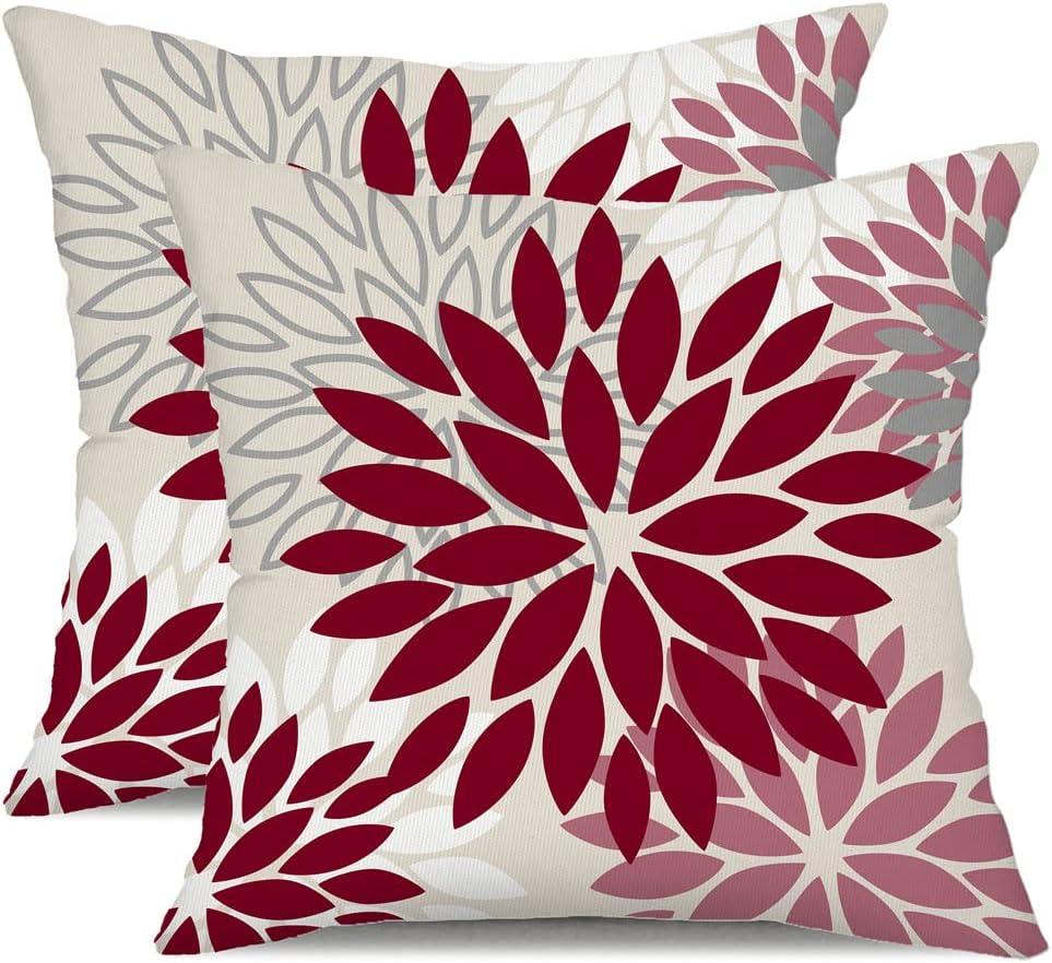 DFXSZ Wine Red Pink Flower Pillow Covers 18x18 Inch Set of 2 Outdoor Throw Pillows Outdoor Waterproof Decor for Living Room Sofa Patio Funiture Garden Floral Polyester Pillow Covers 002R18