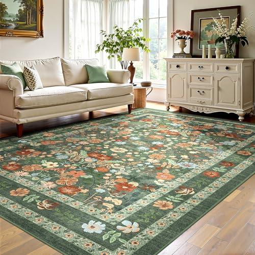 Amazon.com: Deerly Green Floral Area Rug 5x7 Vintage Boho Washable Non-Slip Living Room Carpet Soft Low Pile Thin Bedroom Floor Mat Indoor Home Decor for Dining Room Playroom Nursery Farmhouse, Green/Multi : Home & Kitchen