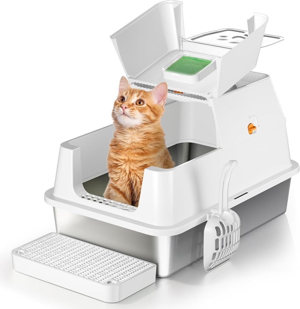 Stainless Steel Cat Litter Box with Lid, 180 Flip-Top XL Extra Large Enclosed Litter Box, Covered Metal High Sided Litter Pan with Steps & Scoop, Easy Cleaning, Odor Control, Non-Sticky-White