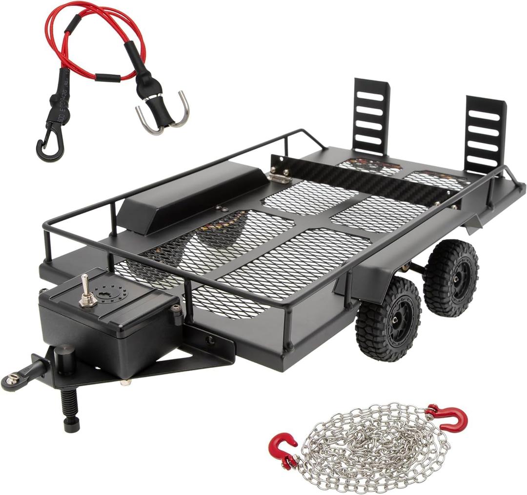 MEUS RACING RC Trailer for Hauling Behind Car with Hitch Mount and Hauling Rope Adjustable for 1/18 1/24 RC Crawler Axial SCX24 AX24 FCX24 TRX4M Defender Bronco K10 F150