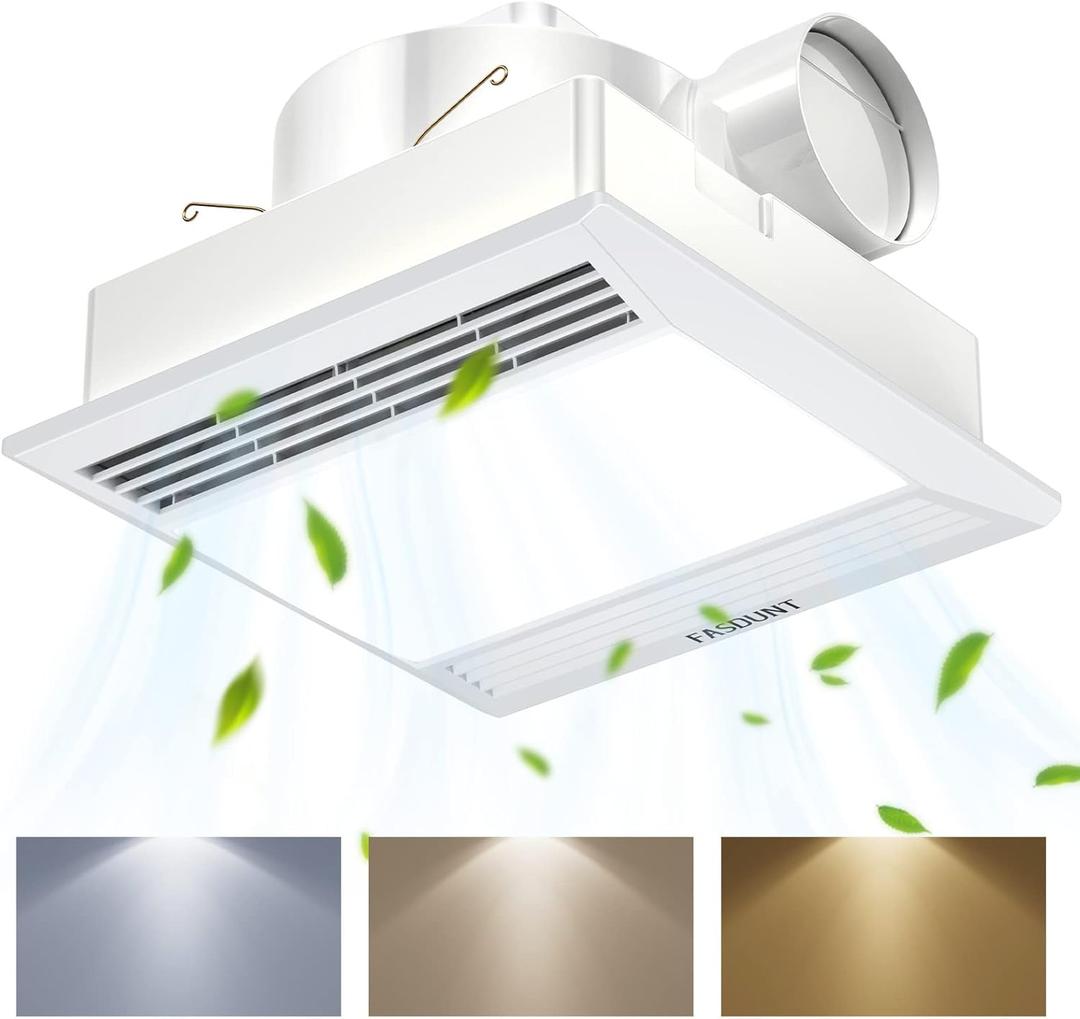 FASDUNT 2-in-1 Bathroom Exhaust Fan with LED Light, Powerful Ventilation & Ultra Quiet, 3000K/4000K/5000K Adjustable Colors Lights, Easy to Install, Bathroom Fans for Home, Bath, Hotel, Etc. (Multi Light-White)