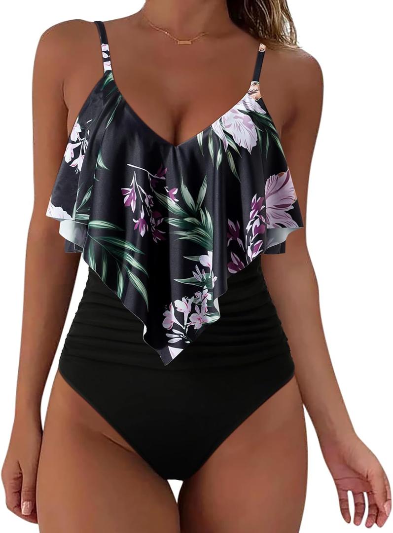SUUKSESS Women Slimming Ruffle One Piece Swimsuits Ruched Tummy Control Bathing Suits (Medium, #1 Tropical Floral Black)