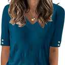 AKEWEI Womens V Neck Sweater Short Sleeve Lightweight Knit Summer Fall Tops with Decorative Buttons (X-Large, Blue Green)