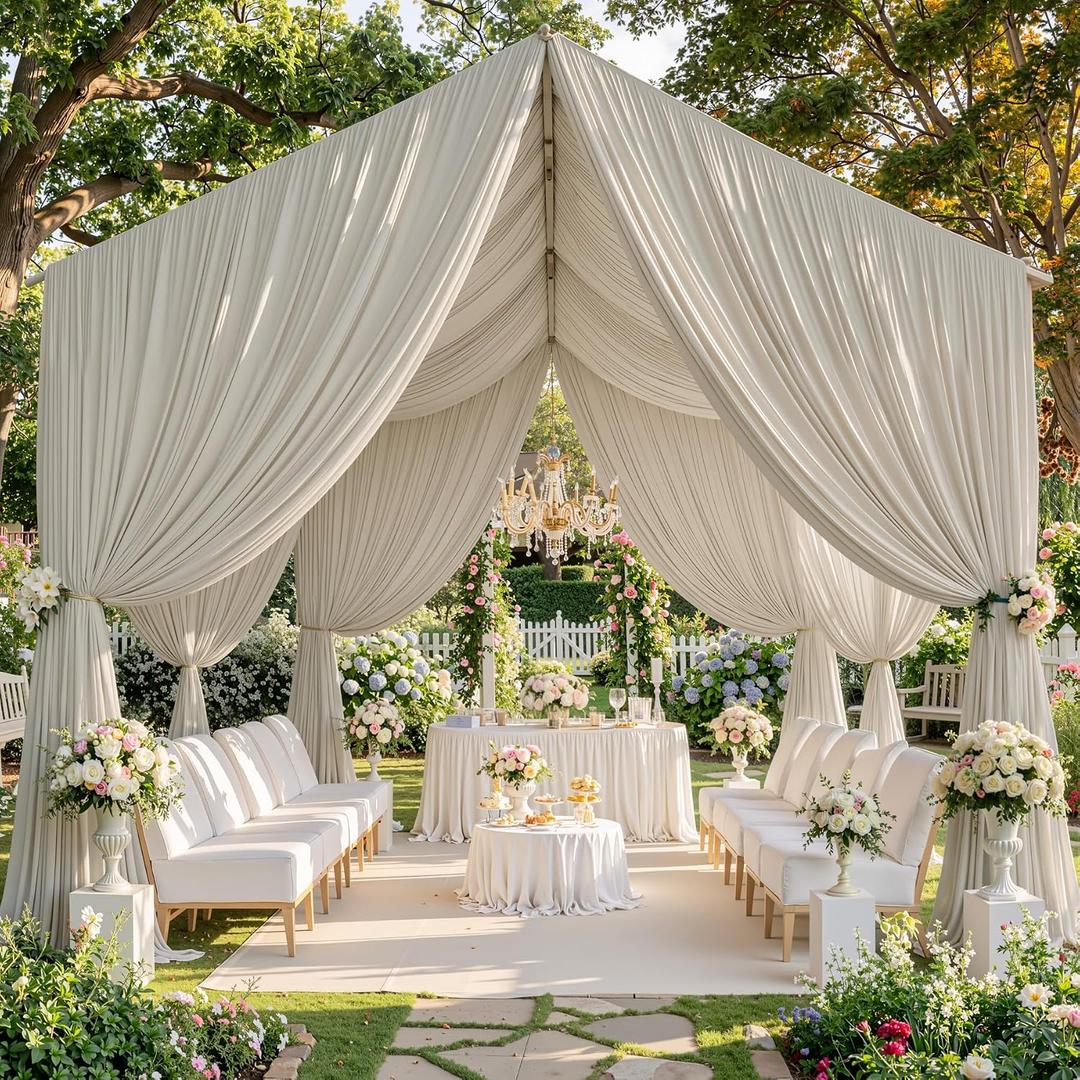 10 Panels 5x20ft Beige Ceiling Drapes for Wedding Parties, Wrinkle Free Off White Thick Polyester 20ft Extra Long Wedding Draping Arch Drapery for Birthday Party Canopy Tent Decor, 720"W x 240"L