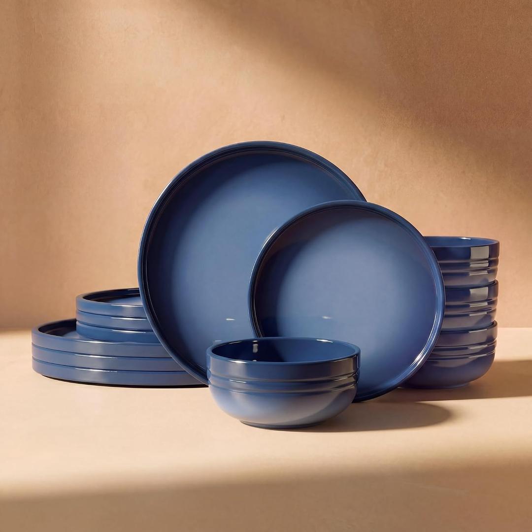 SMIRLY Stoneware Dinnerware Set for 4, 12 pcs Plates and Bowls Set, Blue