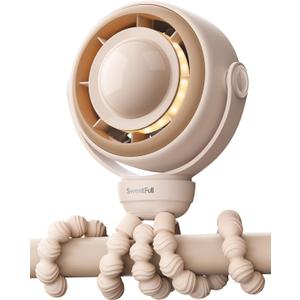 SWEETFULL Baby Stroller Fan - 4000mAh Rechargeable 4-Speed Quiet with LED Display & Night Light, Mini Portable 360 Clip On Safe Fan for Car Seat, Crib, Travel - Brown