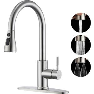 Kitchen Faucet with Pull Down Sprayer - High Pressure Blade Spray Kitchen Sink Faucet, Modern High Arc Stainless Steel Brushed Nickel Kitchen Faucet with 3 Spray Modes, Kitchen Faucets for 1 or 3 Hole