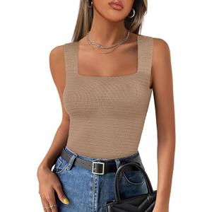 ANRABESS Tank Tops for Women 2025 Summer Square Neck Rib Knit Sleeveless Basic Slim Fit Shirts Casual Top Trendy Outfits (Large, Khaki)