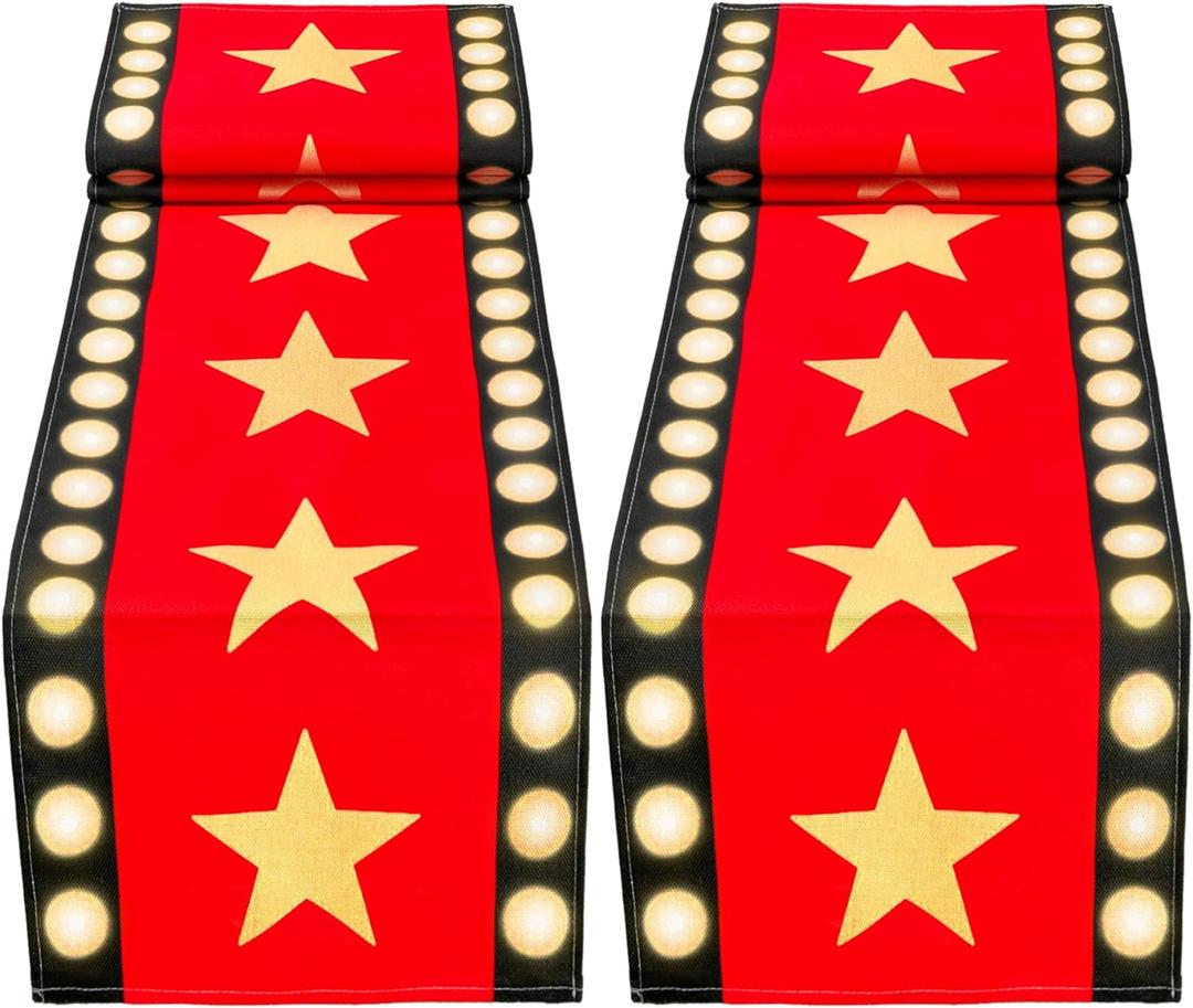 2 Pcs 13 x 72 Inch Movie Night Table Runner with Gold Star Design - Red Carpet Decoration for Birthday Party Suppliesred