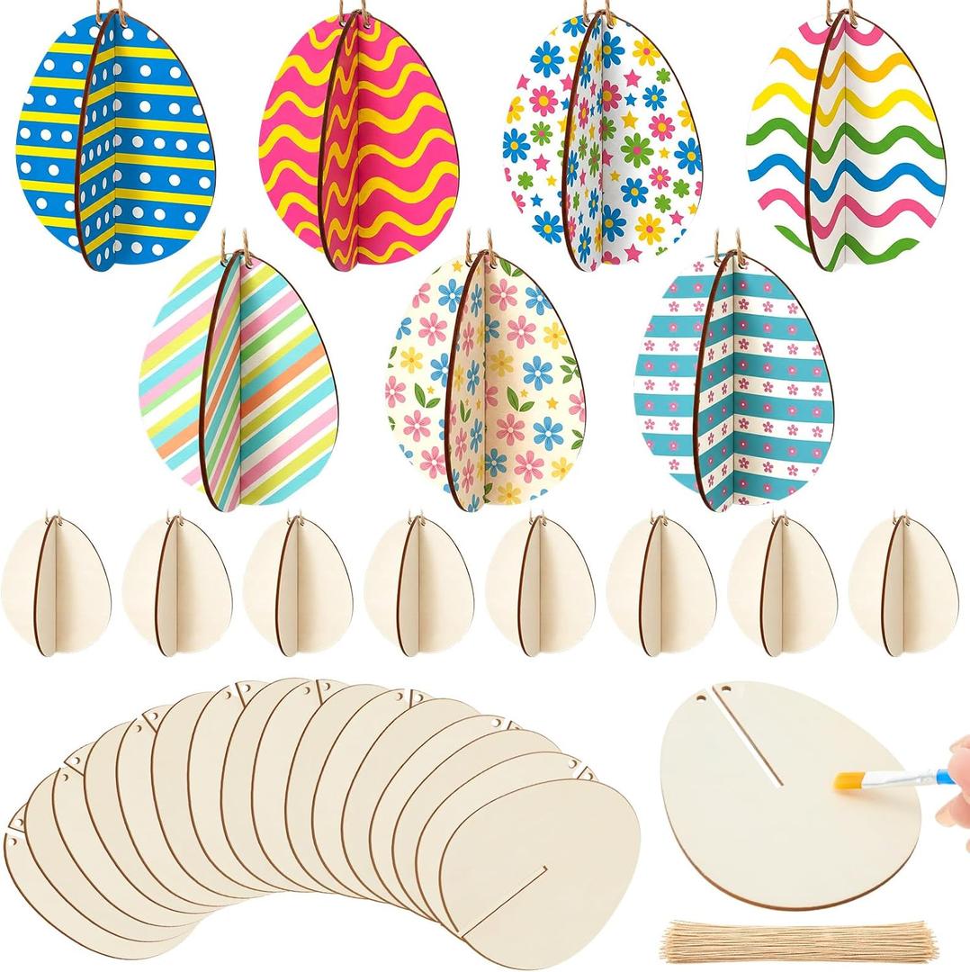 Novabright 48 Pcs DIY 3D Wooden Easter Eggs Ornaments Crafts Unfinished Slices for Painting Spring Easter Egg Cutouts Craft DIY Blank Decorations (Blank)