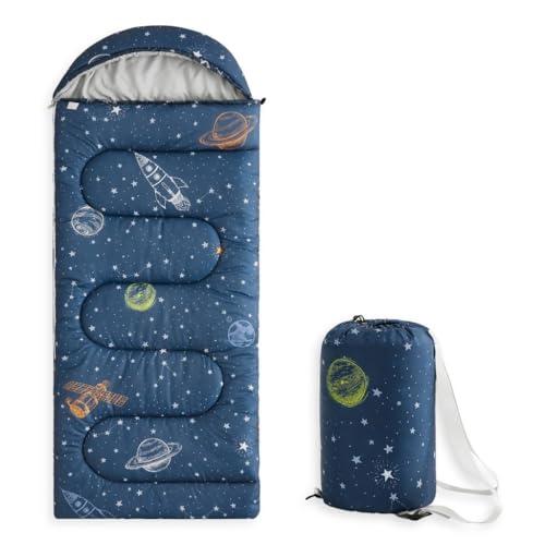 Wake In Cloud - Kids Sleeping Bag for Boys Toddlers, Camping in Warm Cold Weather, Backpacking Lightweight Compact Outdoor Liner for 3 Seasons, Space Stars Rockets Galaxy, Navy Blue