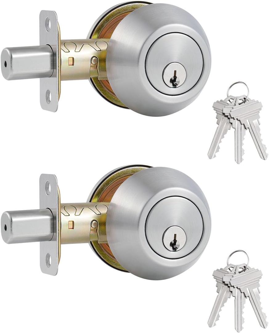 1 Side Keyed Deadbolt Lock,Single Cylinder Dead Bolt, Satin Nickel Round Exterior Keyed Front Entry Inside Door Deadbolt, 2 Pack