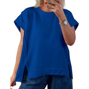 Tankaneo Womens Oversized Short Cap Sleeve T-Shirts Crew Neck Side Slit Tops Summer Casual Loose Fit Tees Tunic Shirts (Blue, L)