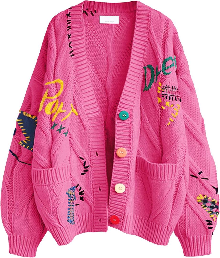 Women's Cable Knit Long Sleeve Open Front Cardigan Sheep V-Neck Button Down Embroidery Wool Blend Sweater Coat Outwear (Medium, Rose Red)