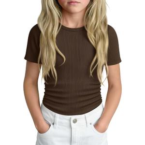 Girls' Shirt Short Sleeve Basic Top Tween Summer Ribbed T-Shirt Teen Cute Fitted Soft Tee for Kids Aged 5-14 (Black)