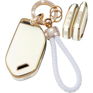 Key Fob Cover with Bling Keychain 7 Buttons Fit for Kia Telluride EV9 Sportage Carnival KX3 Picanto GT Line Sorento TPU Smart Key Shell Case Key Protection Cover Key Ring case -White