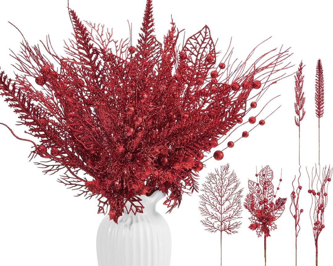 30 Pcs Artificial Christmas Tree Picks and Sprays Glitter Berry Stem Branches Holly Floral Picks Twigs Christmas Tree Ornaments for DIY Xmas Wreath Vase Filler Decorations(Red)