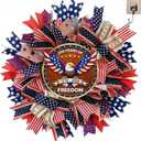 250th Anniversary Patriotic Wreath - 18 Inch Front Door Decor with Wooden Eagle Pattern & Red White Blue Ribbon (Glued on Fabric Base), Handcrafted for 4th of July Independence Day