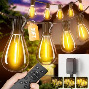 30FT Patio String Lights Outdoor, 10+1 LED Shatterproof Bulbs with Remote & Timer,2700K Dimmable Waterproof Hanging Decor for Backyard, Garden, Porch, Balcony, Wedding Party Lighting