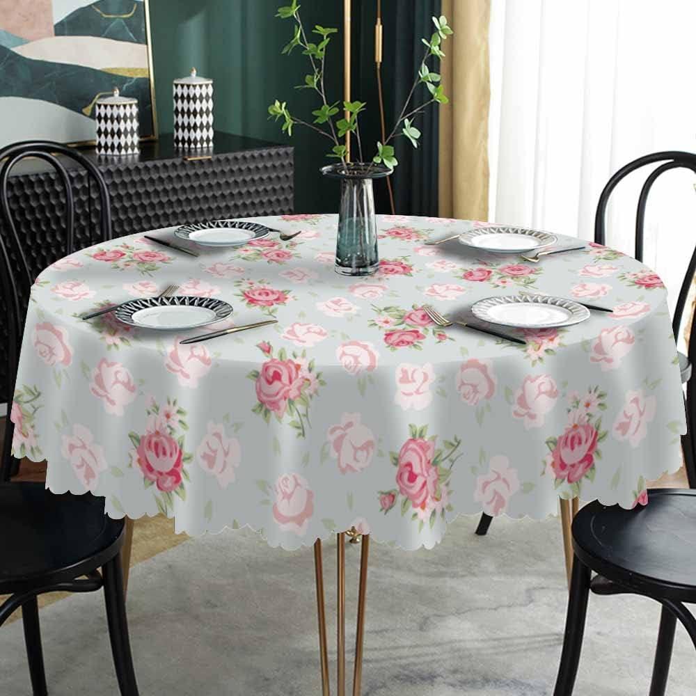 AOYEGO Pink Rose Table Cloth Chic Flowers Romantic Vintage Style Spring Round Tablecloth 60 Inch for Dining Room, Party, Banquet
