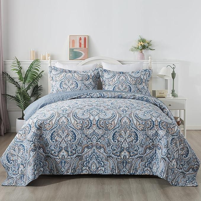 Etwel Queen Size Quilt Set, Crown Grey Queen Quilt 3 Pieces, Lightweight Cotton Bedspread, Soft Bedding Set for All Season, Reversible Coverlet Bedding Set, Queen Size 90"x98"