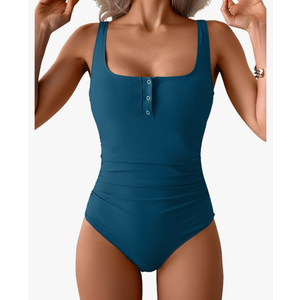 B2prity One Piece Swimsuit for Women Tummy Control Ruched Slimming Bathing Suit Button Full Coverage Swimwear, Large, Blue