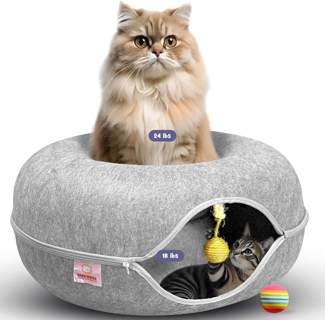 Peekaboo Cat Tunnel Bed with Hanging Ball Toy  Large Cat Tunnels for Indoor Cats up to 30lbs  Round Cat's cave Bed with Scratch-Resistant, Easy to Wash & Cozy Design (24x24x11, Light Grey)