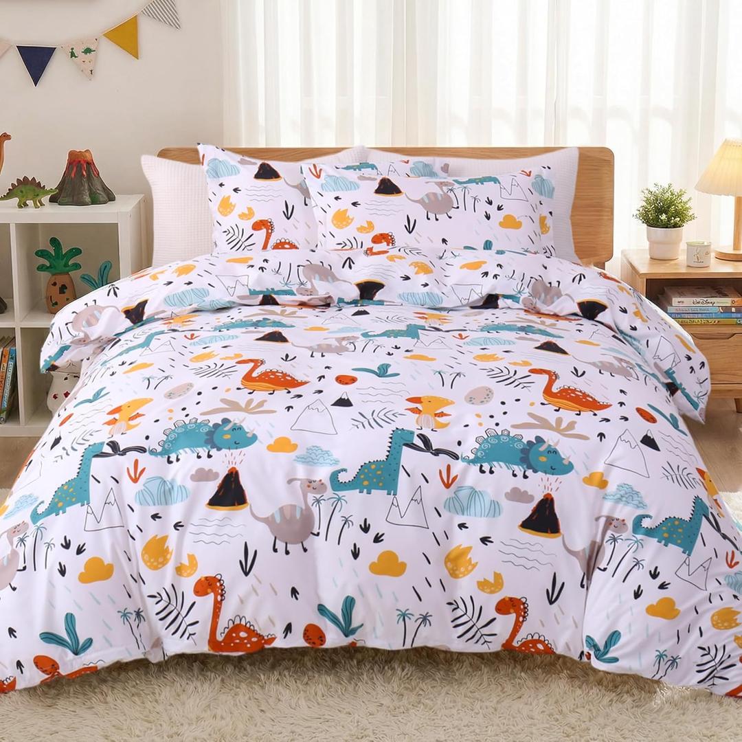 JSD Dinosaur Kids Duvet Cover Set Full Size, 3 Piece Soft Printed Microfiber Bedding Comforter Cover with Pillow Shams Zipper Closure, Comforter Not Included