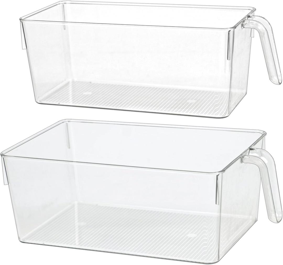 2pcs Clear Kitchen Storage Bins, pantry organizers and storage, Small Clear Containers for Organizing, Fridge Organizer, Cabinet Shelf Storage Bins (M+S)