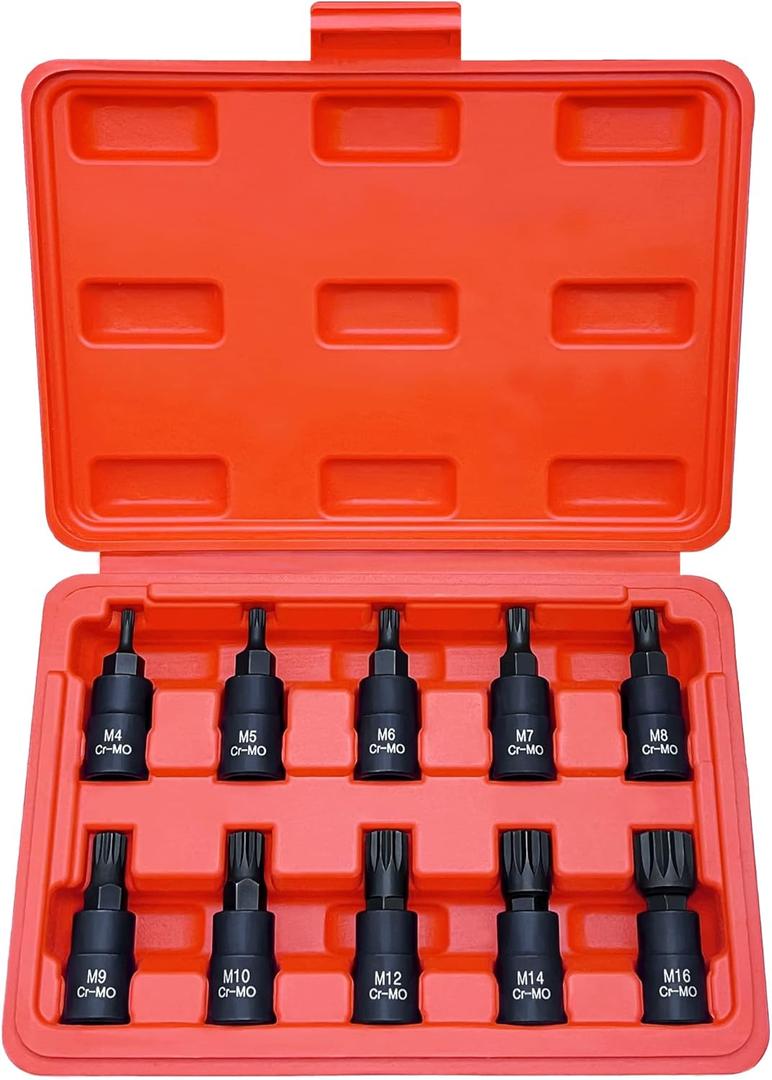 XZN Triple Square Spline Bit Socket Set, Premium Cr-Mo Steel | 10-Piece M4 - M16 Set | 3/8-Inch Drive | Enhanced Storage Case