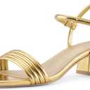 Round Strappy Heels for Women Open Square Toe Chunky Heeled Sandals Ankle Strap Block Low Heels (6, Gold)