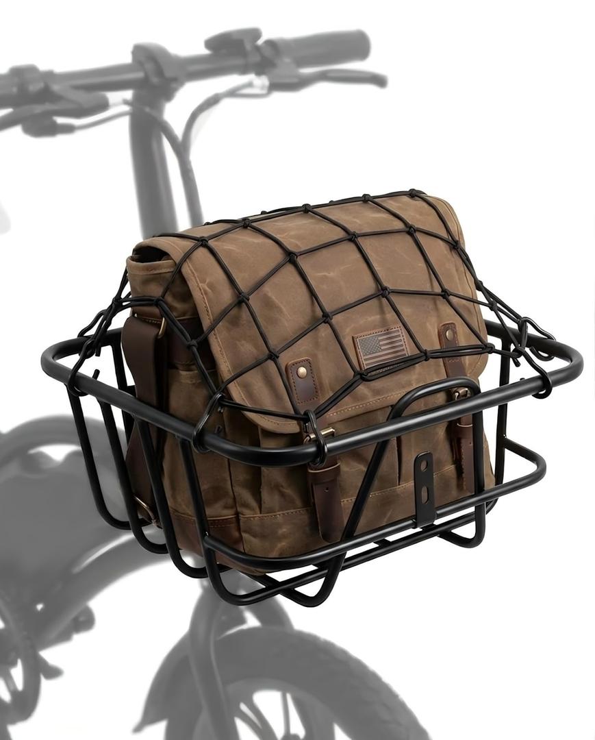 ANZOME Electric Scooter Basket & Bike Handlebar Bag Stable Metal Wire Carrier with Cargo Net & Rainproof Cover Front/Rear Rack Attachment for Commuting, Groceries, & Pet Transport (Black), Medium
