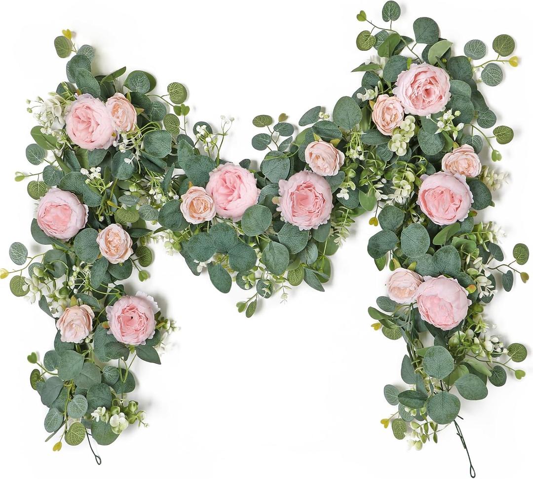 SOMYTING 2 Pack 13FT Flower Garland, Artificial Rose Vine Fake Flower Garland Silk Rose Peony Hanging Vine Faux Floral Garlands for Wedding Party Arch Table Wall Backdrop Decoration (Light Pink, 2PCS)