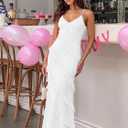 HOCILLE Women's Sexy V Neck Backless Bodycon Spaghetti Strap Elegant Ruffle Maxi Cocktail Party Dresses (White, S)