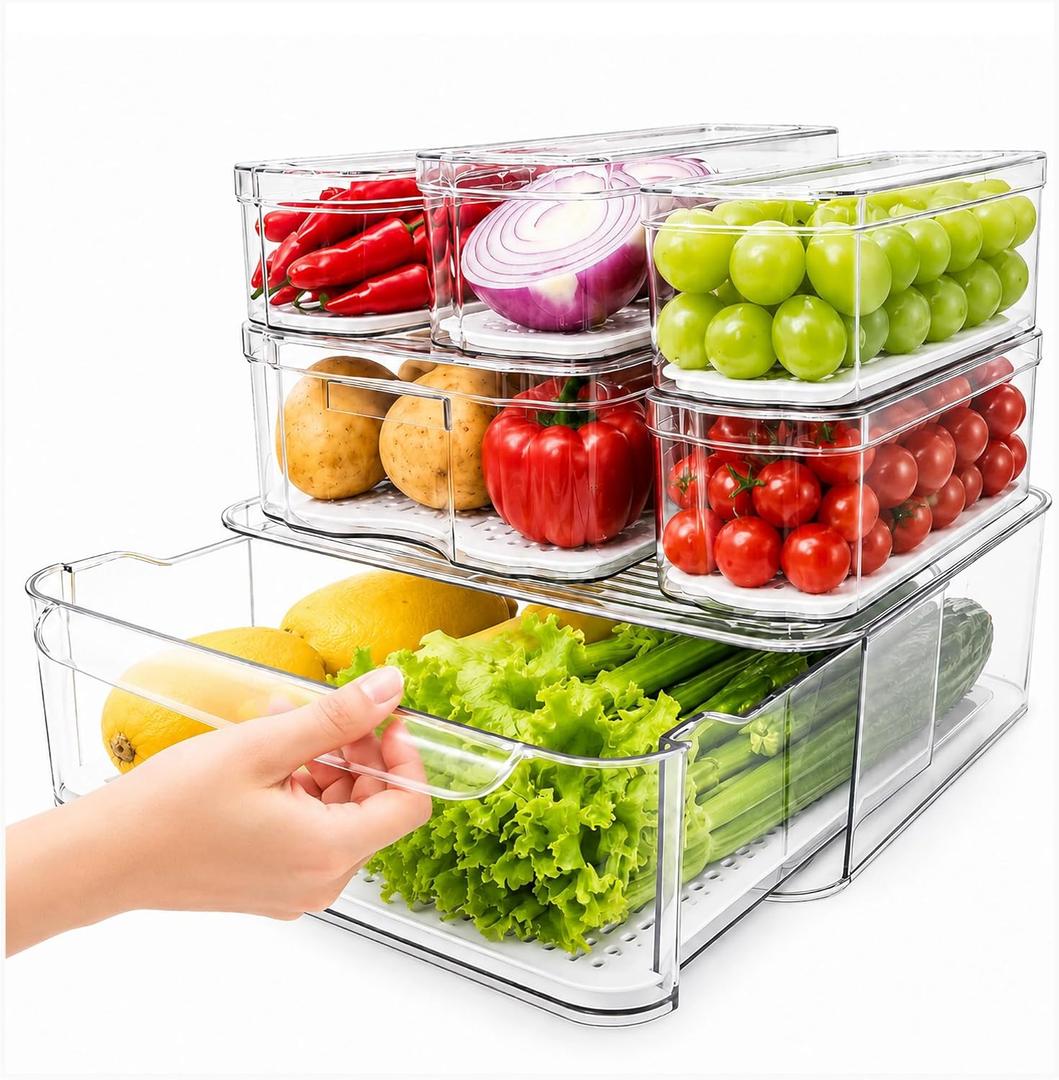 SMRCAD Fridge Organizers and Storage, A Clear Pull-out Drawer Container and 5 Pack Organizer Bins with Lids, Stackable Storage Containers for Fruits, Vegetables (Set of 6 (Includes drawer))