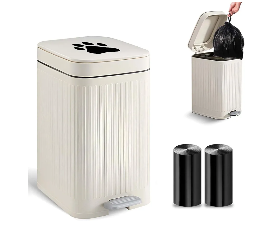 Kopuncare Dog Poop Can Outside, 5L/1.3 Gal Pet Poop with Lid, Foot Pedal, Dog Waste Container with 40 Bags, Lid Soft Close for Pet, White