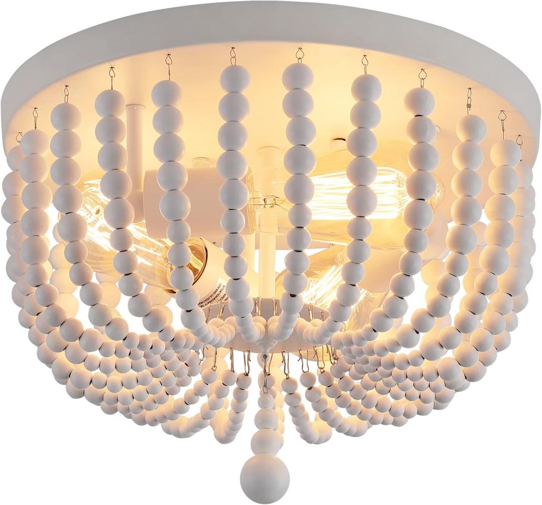 Q&S White Boho Beaded Chandeliers Flush Mount Ceiling Light,3-Lights Small Chandelier Light Fixture for Bedroom, Kitchen, Dining Room, Living Room, Stairway Gazebo