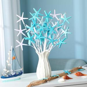 Pinkunn 6 Pcs Blue White Coastal Christmas Tree Ornaments 15.74 Inch Starfish Christmas Picks and Spray Beach Artificial Tree Toppers Ocean Branches Twigs Filler for Xmas Vase Crafts Decor