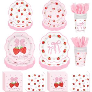 Strawberry Birthday Decorations Tableware,Pink Bow Strawberry Birthday Plate,Napkins,Cups,Fork,Knife, Strawberry Party Plates for Berry Birthday Decorations,Serves 24