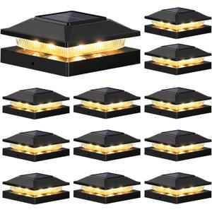 Brightever 4x4 3.5x3.5 Solar Post Cap Lights 12-Pack, Outdoor Solar Powered Fence Post Lights, Black Solar Waterproof Deck Post Lights for Vinyl/Wood Posts, Warm/Cool White, Perfect for Garden Patio