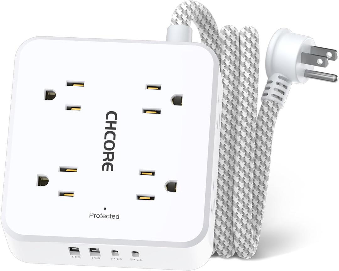 5Ft Flat Plug Braided Extension Cord - CHCORE Surge Protector Power Strip with 8 Outlets and 2 USB-C (PD 30W) Fast Charging Ports and 2 USB-A Ports for Home, Office, Dorm Room Essentials, ETL, White