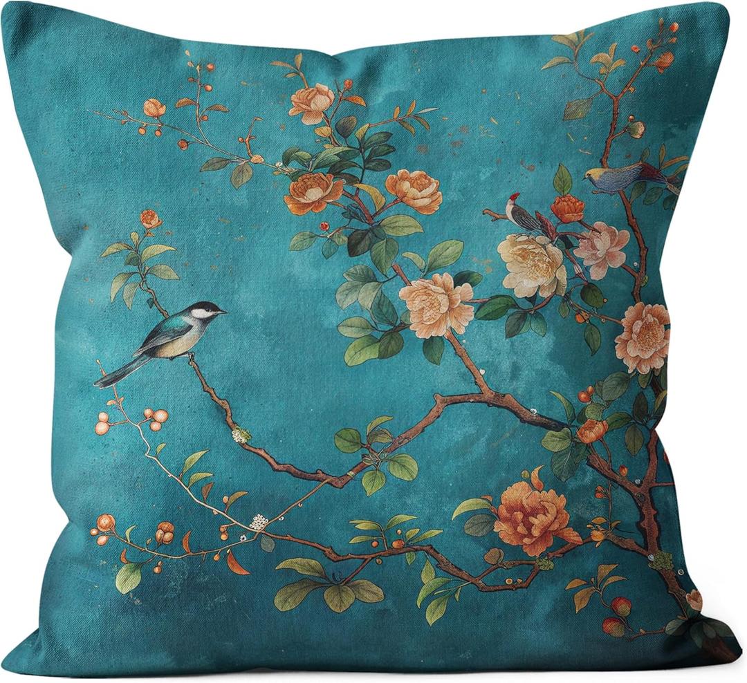 Teal Chinoiserie Floral Bird Pillow Covers 18x18, Cottagecore Room Decor, Rustic Farmhouse Flower Bird Decorative Throw Pillow Covers Pillowcases for Living Room Home Bedroom