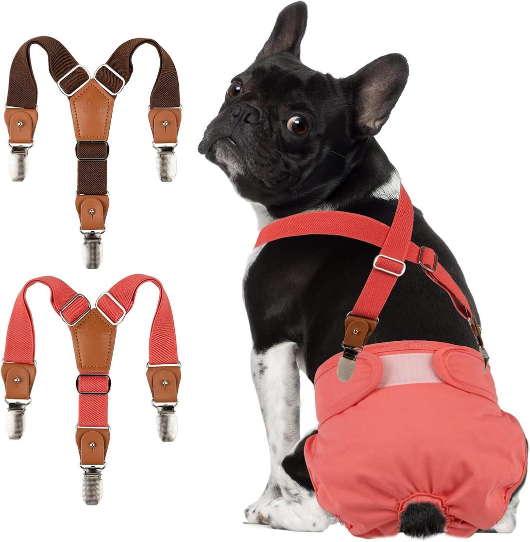 Pet Soft Dog Suspenders 2 Pieces Female Dog Diaper Suspenders for Dogs Diaper Keeper Suspender for Doggy Skirt, Dress, Diapers (Brown & Red, XS/S)