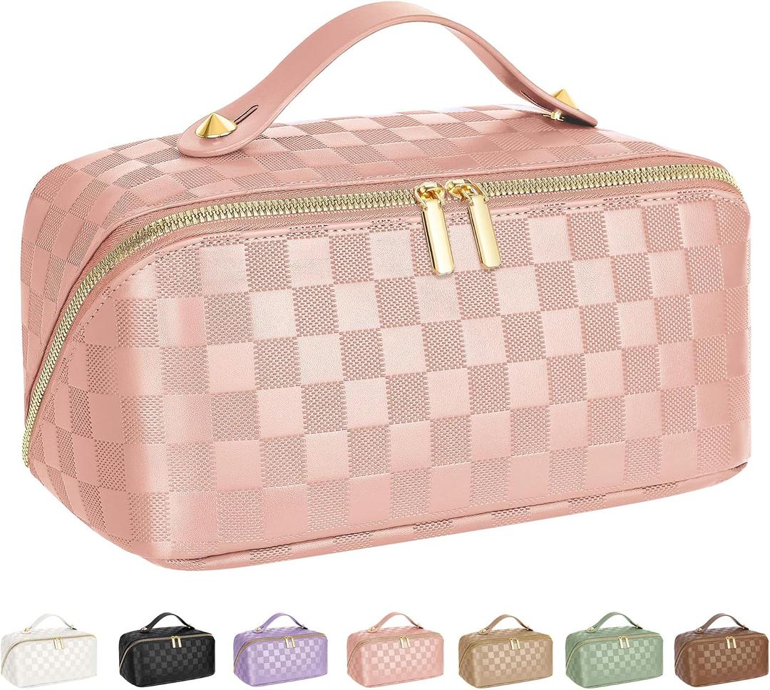 Large Capacity Travel Cosmetic Bag - Portable Makeup Bags for Women Waterproof PU Leather Checkered Makeup Organizer Bag with Dividers and Handle,Toiletry Bag for Cosmetics (EXP 08/19/26)