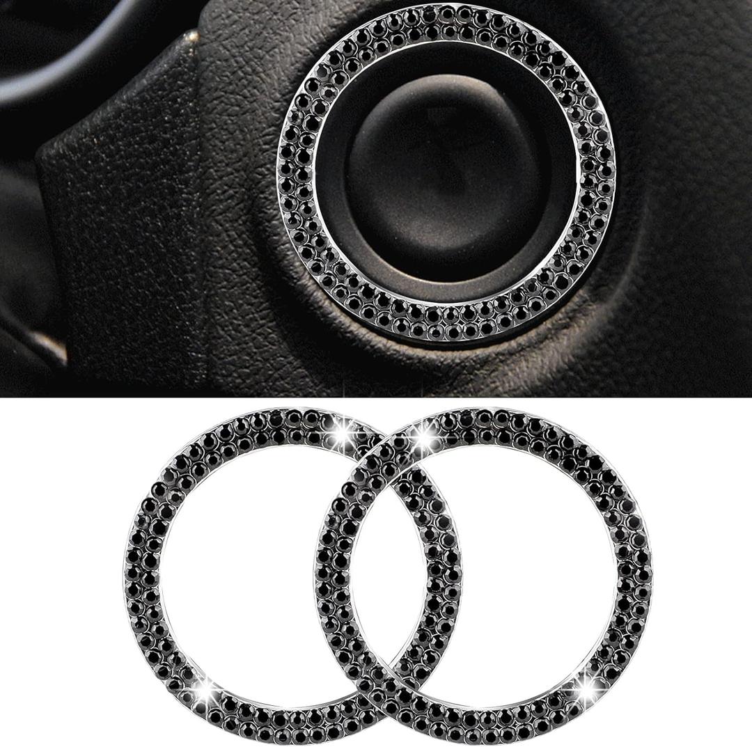 2PCS Crystal Double Rhinestone Car Engine Start Ring Decals, Bling Car Interior Accessories, Car Engine Start Stop Decoration Ring, Push to Start Button Cover/Sticker, Key Ignition & Knob Ring (Black)