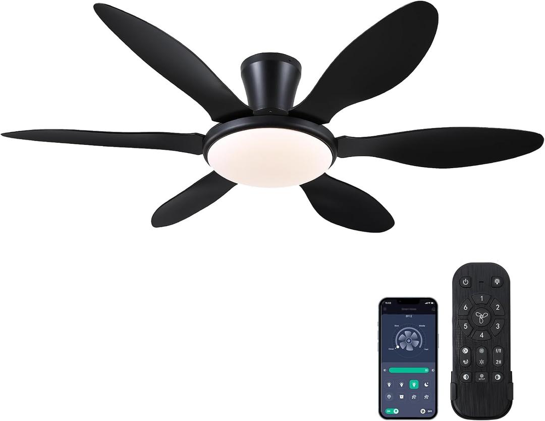 Ceiling Fans with Lights, 51 inch Modern Black Low Profile Ceiling Fan with Light and Remote App Control, Flush Mount, Quiet DC Reversible, Dim Led Ceiling Fan 6 Blade Softer Wind Indoor/Outdoor Patio (Black, Led Light)
